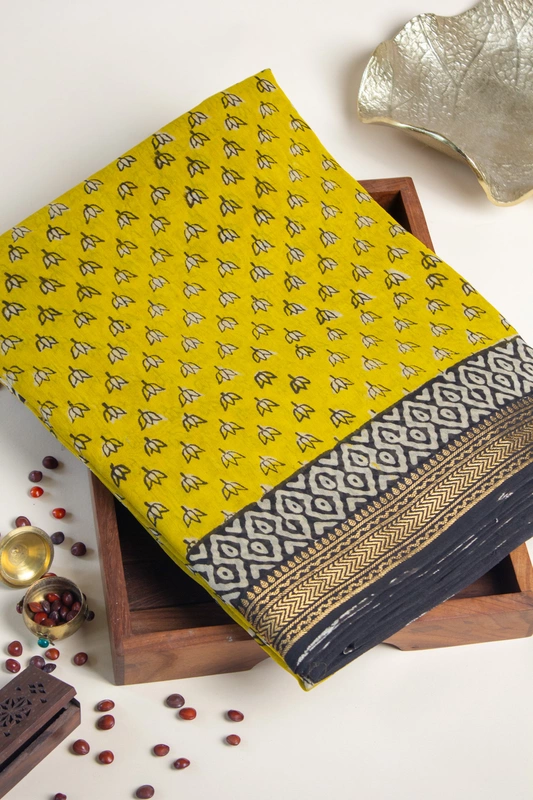 Maheswari Silk - Mustard Yellow with Full Body Floral Print and Beige Blouse Piece