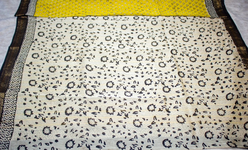 Maheswari Silk - Mustard Yellow with Full Body Floral Print and Beige Blouse Piece