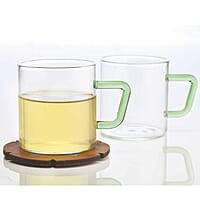 Borosil Vision 6 Pcs Tea n Coffee Borosillicate Glass 190 ml Classic Mug Set with Green Handle | Microwave Safe, Scratch Resistance, Lightweight | for Chai, Green Tea, Milk | Transparent