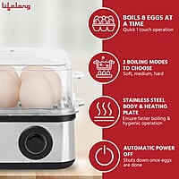 Lifelong 2-in1 Egg Boiler and Poacher 500-Watt Boil 8 eggs, Poach 4 eggs, Easy to clean 3 Boiling Modes
