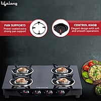 Lifelong Glass Top Gas Stove, 4 Burner Gas Stove, Black (ISI Certified,1 year warranty with Doorstep Service)