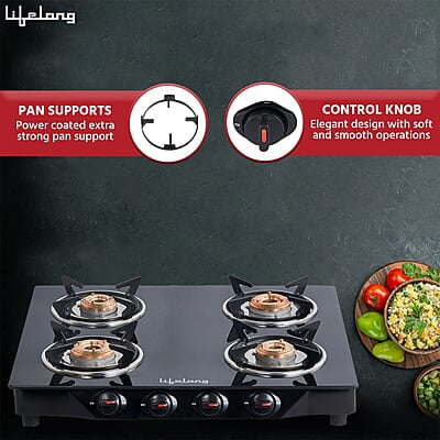 Lifelong Glass Top Gas Stove, 4 Burner Gas Stove, Black (ISI Certified,1 year warranty with Doorstep Service)