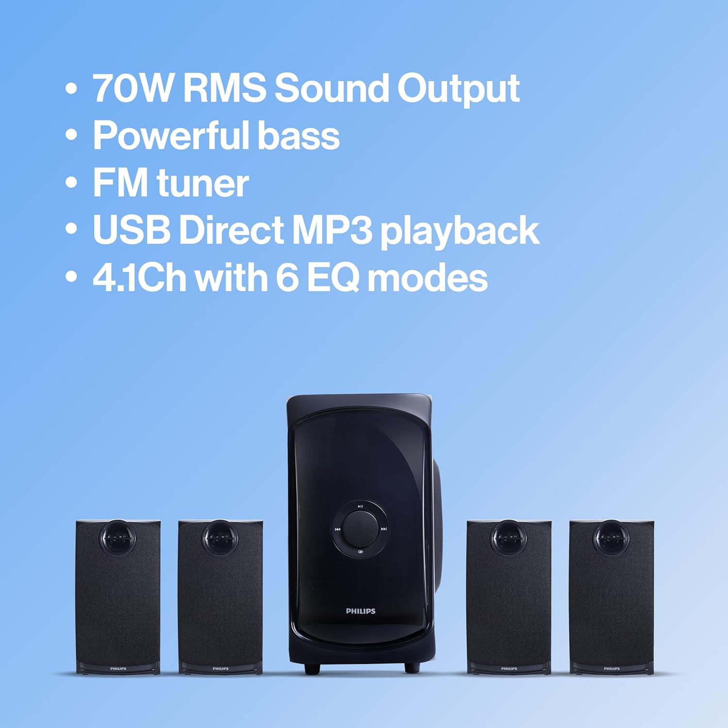 Philips TAV7477 4.1 Channel 75W Bluetooth Multimedia Speaker System – 2x15W & 2x5W Satellite Speakers, USB, AUX, FM, Remote Control (Black) Philips TAV7477 4.1 Channel 75W Bluetooth Multimedia Speaker System – 2x15W & 2x5W Satellite Speakers, USB, AUX, FM, Remote Control (Black)