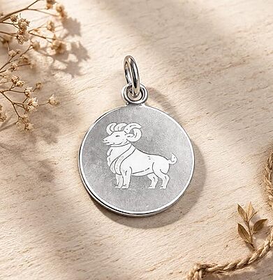 925 Sterling Silver Aries Zodiac Pendant for Men & Women | Horoscope Astrology Charm Necklace | Round Engraved Ram Design