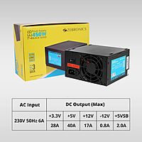 Zebronics 450W Black Gold SMPS – Features extra long cables for easy installation, ensuring a neat setup. Reliable power supply with high efficiency and multiple protection mechanisms.