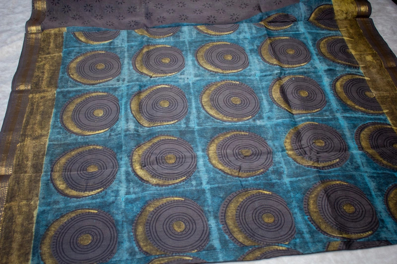 Maheswari Silk - Teal Blue with Circular Shaped Handblock Print