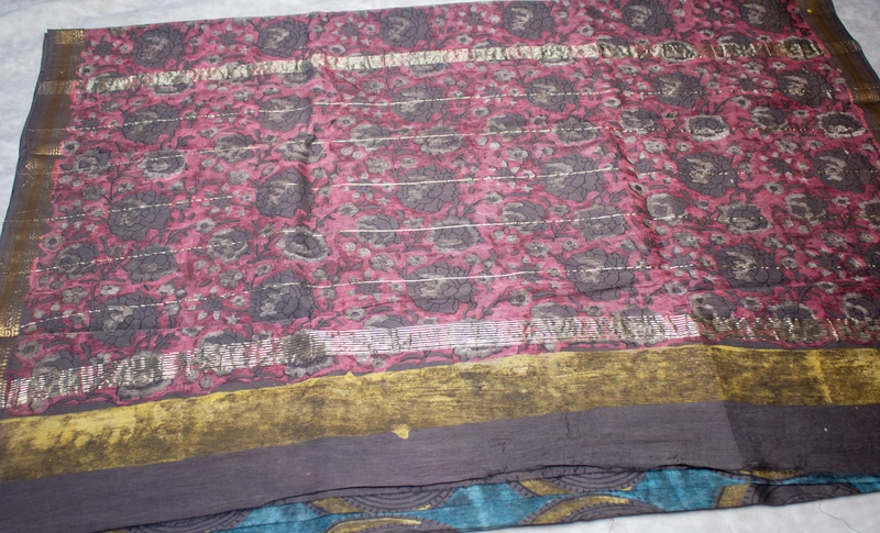 Maheswari Silk - Teal Blue with Circular Shaped Handblock Print
