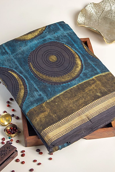 Maheswari Silk - Teal Blue with Circular Shaped Handblock Print