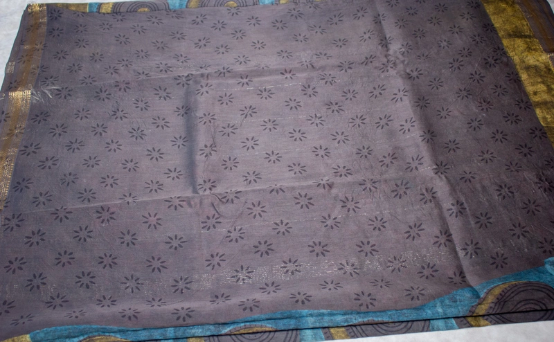 Maheswari Silk - Teal Blue with Circular Shaped Handblock Print