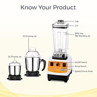 KENT 16083 Super Power Grinder & Blender 1200W| High-Speed Operation | BPA-Free and Stainless Steel Lockable Jars | Pulse Function & Speed Control