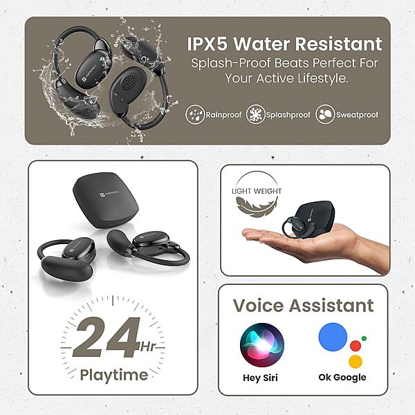 Portronics Twins 31 – OWS Earbuds, 24H Playtime, Black. Experience superior sound quality, ergonomic design, and seamless connectivity. Perfect for music lovers and on-the-go lifestyles.