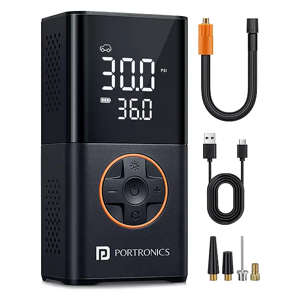 Portronics VAYU 3.0 Tyre Inflator – 4000mAh Portable | Torch | USB Output | Black | 1 Year Warranty