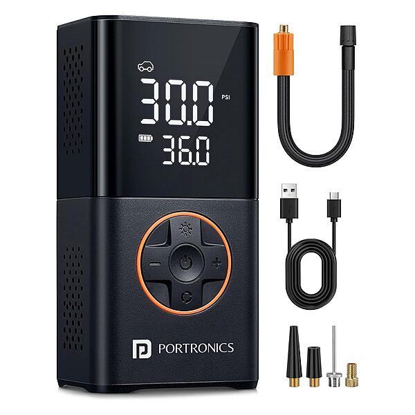 Portronics VAYU 3.0 Tyre Inflator – 4000mAh Portable | Torch | USB Output | Black | 1 Year Warranty