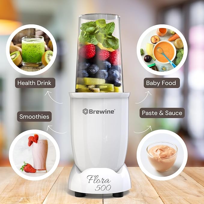 Brewine 500W White Blender – Multi-Functional – Includes Jars for Juicing, Mixing & Grinding