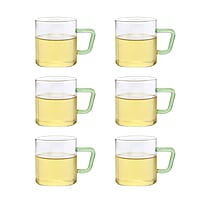 Borosil Vision 6 Pcs Tea n Coffee Borosillicate Glass 190 ml Classic Mug Set with Green Handle | Microwave Safe, Scratch Resistance, Lightweight | for Chai, Green Tea, Milk | Transparent
