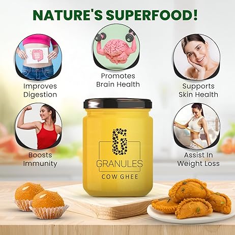 GRANULES Pure Cow Ghee 500ml | Natural Desi Ghee | Premium Cow Ghee | Organic Pure Ghee | Traditional Method | Authentic Ghee for Cooking | Ghee Cow 500ml Glass Jar - Pack of 3