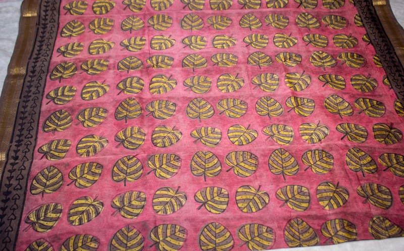 Maheswari Silk - Dusty Rose with Leaf Handblock Print