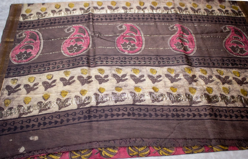 Maheswari Silk - Dusty Rose with Leaf Handblock Print