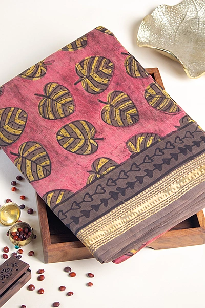 Maheswari Silk - Dusty Rose with Leaf Handblock Print