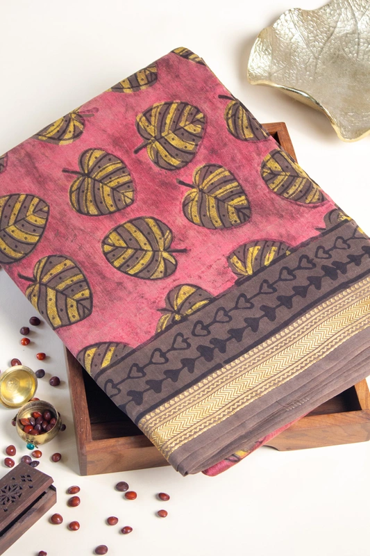 Maheswari Silk - Dusty Rose with Leaf Handblock Print