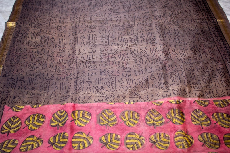 Maheswari Silk - Dusty Rose with Leaf Handblock Print