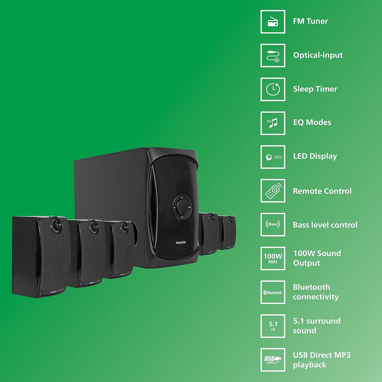 Philips TAV7587 5.1 Channel 100W Bluetooth Multimedia Speaker System – 5x15W Satellite Speakers, USB, AUX, FM, Remote Control (Black) Philips TAV7587 5.1 Channel 100W Bluetooth Multimedia Speaker System – 5x15W Satellite Speakers, USB, AUX, FM, Remote Control (Black)