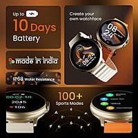 Ambrane 1.39'' LucidDisplay, Premium Aesthetics, Bluetooth Calling Round SmartWatch, Functional Crown, 500 NITS Brightness, 100+ Sports Mode with IP68, 100+ Watch Faces Rush