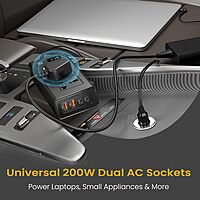 Portronics Zaptor 200W Car Inverter – Dual AC Sockets | Type-C PD & USB-A Fast Charging | Black