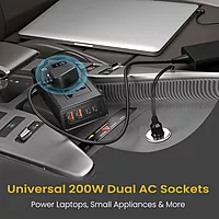 Portronics Zaptor 200W Car Inverter – Dual AC Sockets | Type-C PD & USB-A Fast Charging | Black