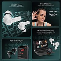 boAt Airdopes Flex 454 ANC Truly Wireless in Ear Ear Buds w/Smart Features, ANC, 60HRS Playback,Hearables App Support,4 Mics ENx,Multi Point,ASAP Charge, IPX5,Beast Mode Ear Buds TWS