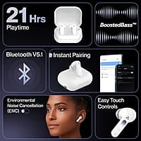 Ambrane Dots Sense True Wireless Earbuds with 21 Hours Playtime,Environmental Noise Cancellation (Enc),10Mm Drivers with Boostedbass,Bluetooth V5.1,Ipx4 Splash Proof