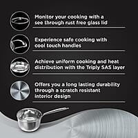 Preethi Metallica Collection Triply Stainless Steel Milk Pan with Glass Lid, 16 cm, Gas & Induction Compatible