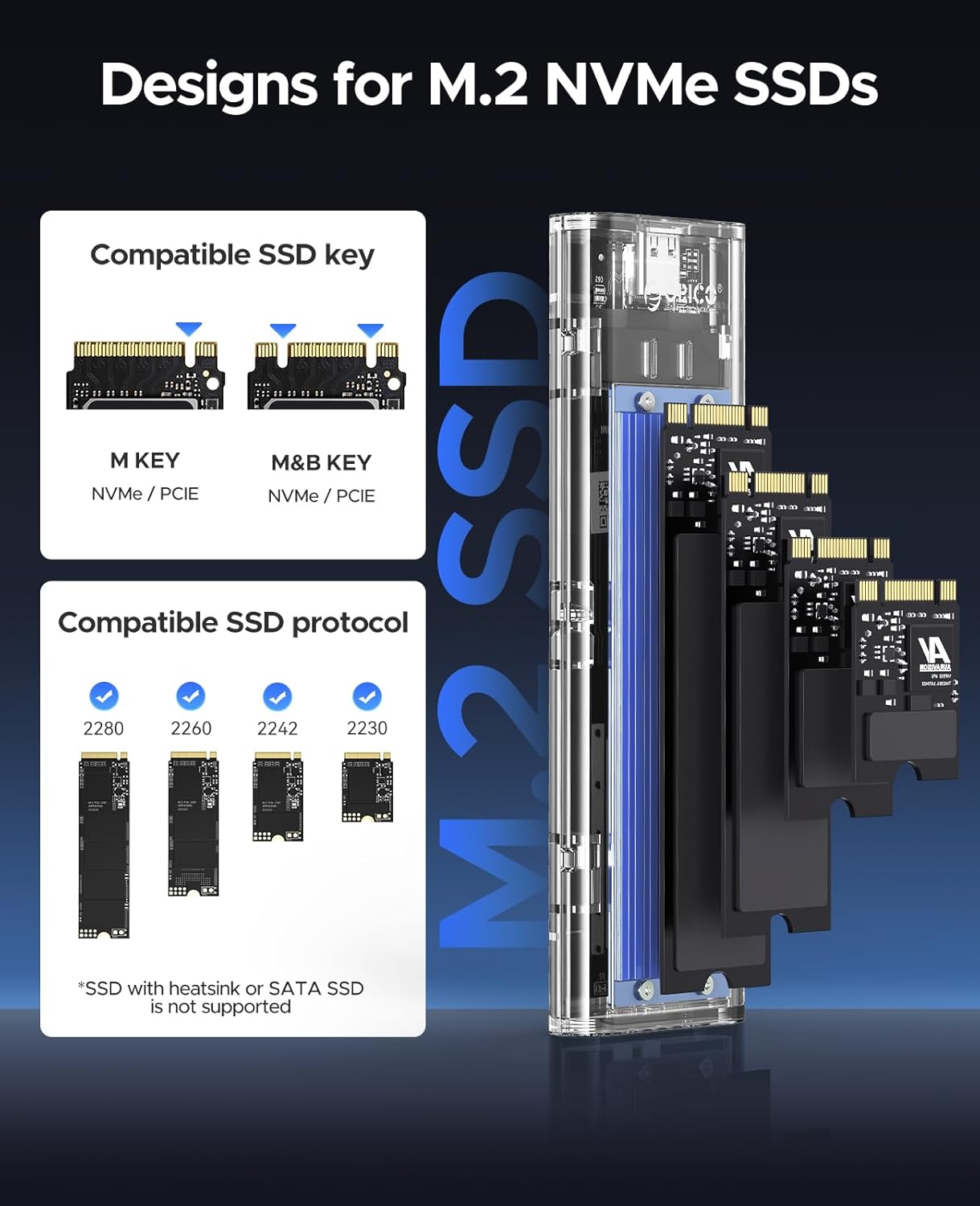 Open Box ORICO M.2 NVME Enclosure Adapter, USB 3.2 Gen 2 (10 Gbps), Adapter Enclosure for 2280 2260 2242 2230 PCI-E, USB Type C Converter Case (TCM2-Blue) TCM2-C3