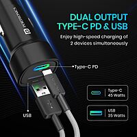 Portronics 80W Dual Output Car Charger Type-C PD & USB Fast Charging with LED Indicator Black