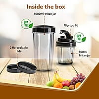 AGARO Marvel Nutri Blender, BPA Free 2 Tritan Jars, 1000W, 100% Copper Motor, 2 Speed Modes with Pulse, Detachable Base, Stainless Steel Blades, Blend, Mix, Grind, Smoothie, Juice Maker, Black