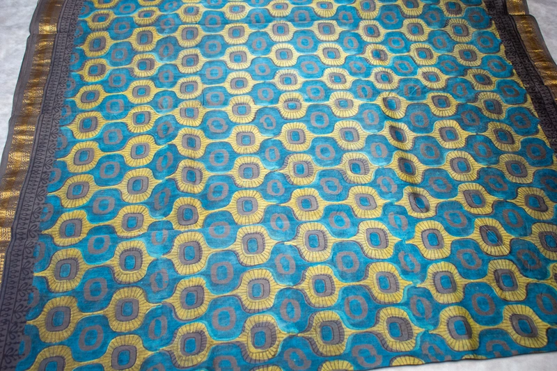 Maheswari Silk  - Brown Saree with Teal & Mustard Geometric Handblock Print with Floral Blouse