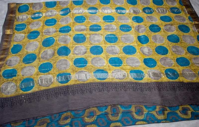 Maheswari Silk  - Brown Saree with Teal & Mustard Geometric Handblock Print with Floral Blouse