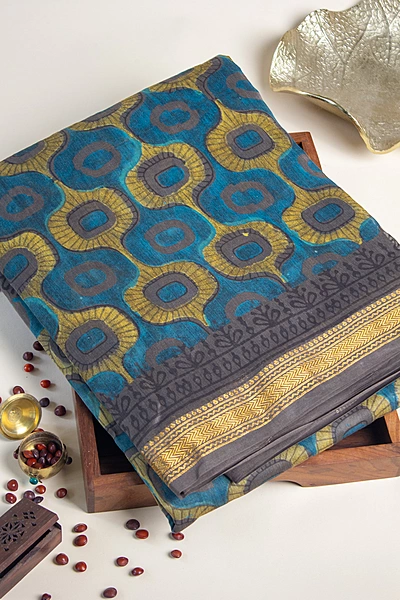 Maheswari Silk  - Brown Saree with Teal & Mustard Geometric Handblock Print with Floral Blouse