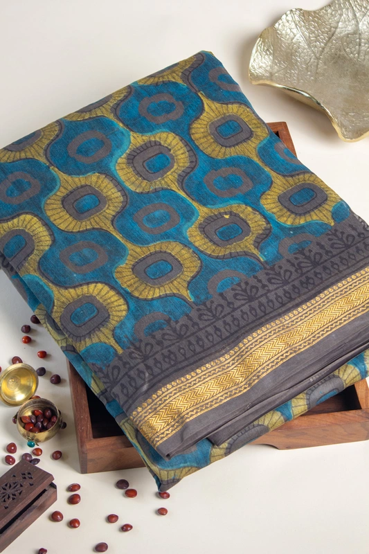 Maheswari Silk  - Brown Saree with Teal & Mustard Geometric Handblock Print with Floral Blouse
