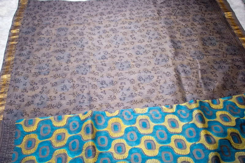 Maheswari Silk  - Brown Saree with Teal & Mustard Geometric Handblock Print with Floral Blouse