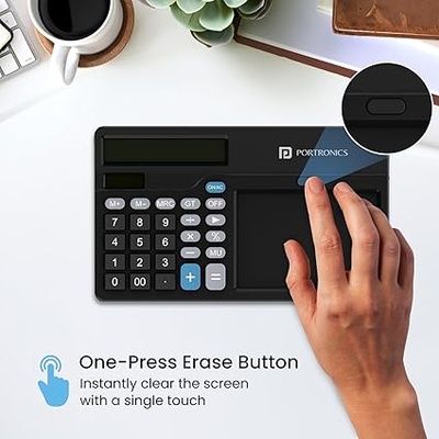 Portronics Ruffpad Calc 2 2-in-1 Calculator & LCD Writing Pad with 14.4 cm Writing Area, Multi Function Digital Calculator Stylus Pen for Students, Birthday Gift, Kids Toys, School, Office(Black) Portronics Ruffpad Calc 2 2-in-1 Calculator & LCD Writing Pad with 14.4 cm Writing Area, Multi Function Digital Calculator Stylus Pen for Students, Birthday Gift, Kids Toys, School, Office(Black)