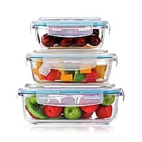 AGARO Borosilicate Glass Containers with Lids, 3 pcs Set (370ml, 640ml &1040ml), Microwave Safe