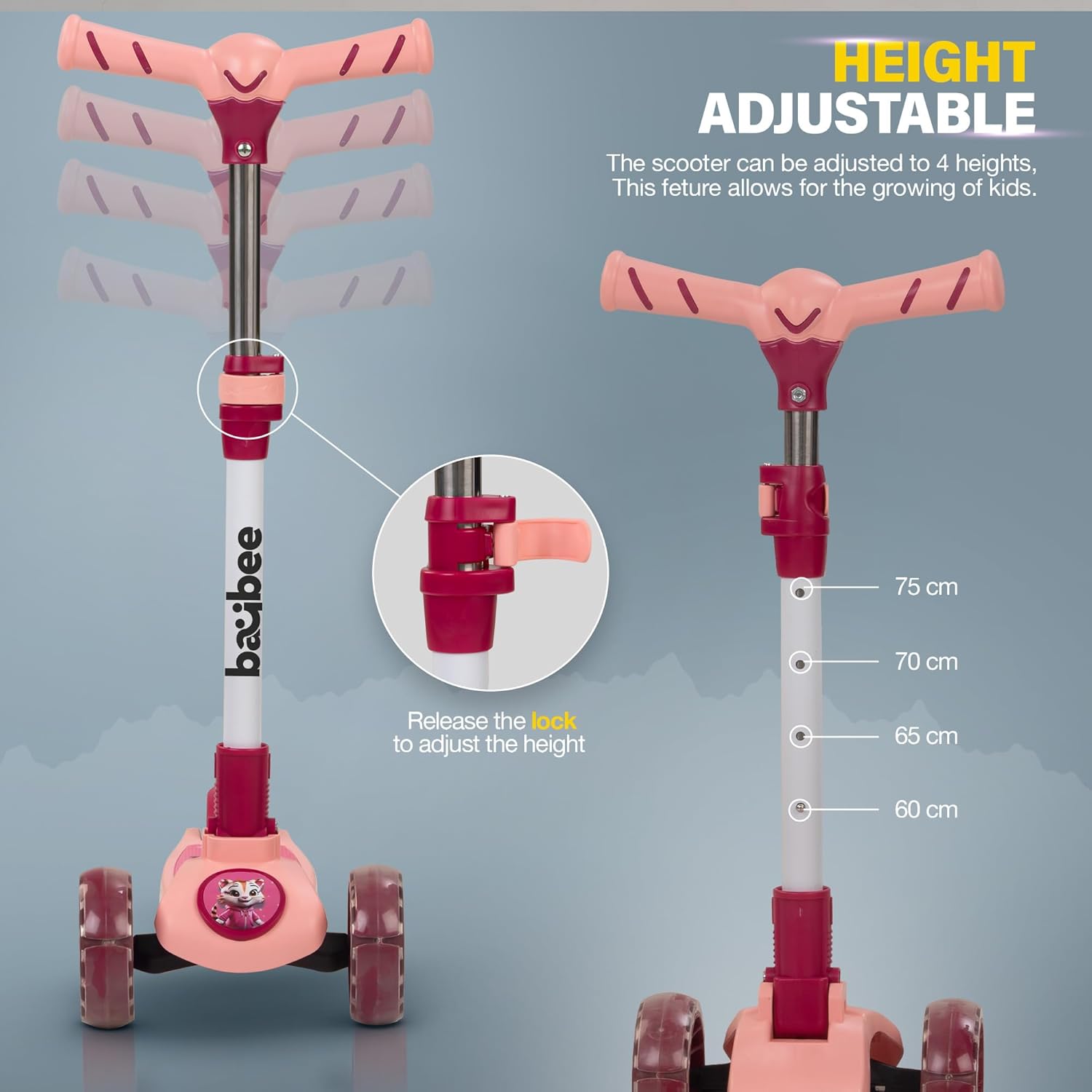 Baybee Kitty Kick Scooter for Kids, Foldable Kids Scooter- Pink Baybee Kitty Kick Scooter for Kids, Foldable Kids Scooter- Pink