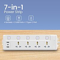 Portronics Power Plate 19 – 4 Sockets, 5 Switches, 2000W, Surge Protection, Compact Design, Ideal for Home/Office, Overload Protection, Durable Build, Easy to Use, Perfect for Multiple Devices.