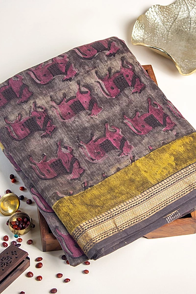 Maheswari Silk - Grey-brown saree with Pink Animal Print