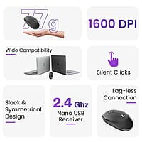 Ambrane Wireless Mouse, 1600 DPI, Silent Click, 2.4GHz with USB Dongle, 10M Range, Optical Orientation, Click Wheel, Instant connectivity, Ergonomic Design for All Day Comfort
