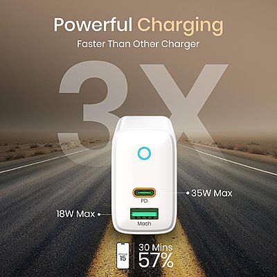 Portronics Adapto 35B 35W Dual Port Wall Charger Type-C PD & USB Fast Charging White