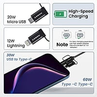 Ambrane 6-in-1 60W Fast Charging Cable with Micro, Type C & iPhone Support, Compatible with all devices