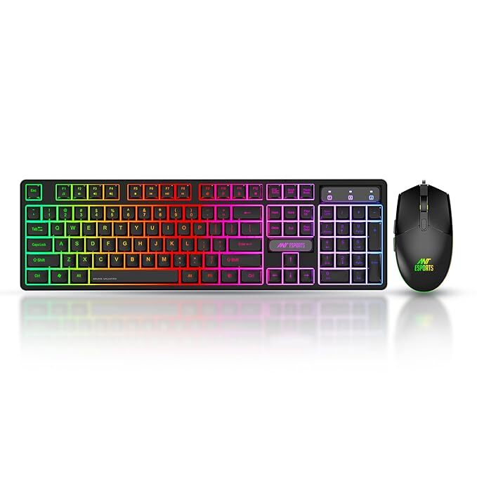 Ant Esports Gaming Keyboard & Mouse Combo, Wired Backlit Rainbow LED Keyboard & 3200 DPI Gaming Mouse, KM1600 - Black