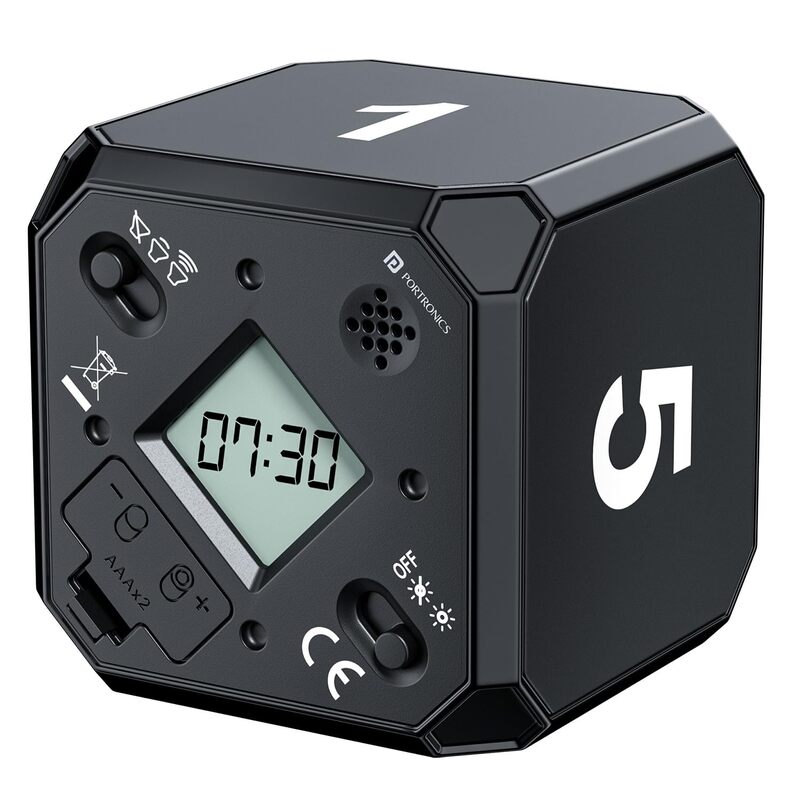 Portronics Timeout Smart Countdown Timer Cube – 1, 5, 7, 9 Minute Timers with Audio-Visual Alarm | Ideal for Kitchen, Study, Games, Workouts, Meditation & Yoga | Black